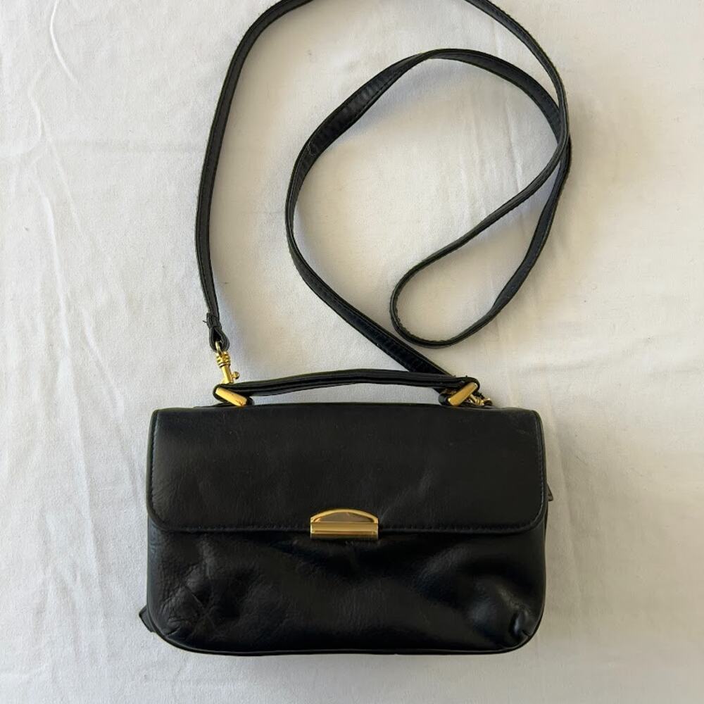 Vintage Black Faux Leather Gold-Tone Hardware Crossbody Wallet Bag Retro Classic